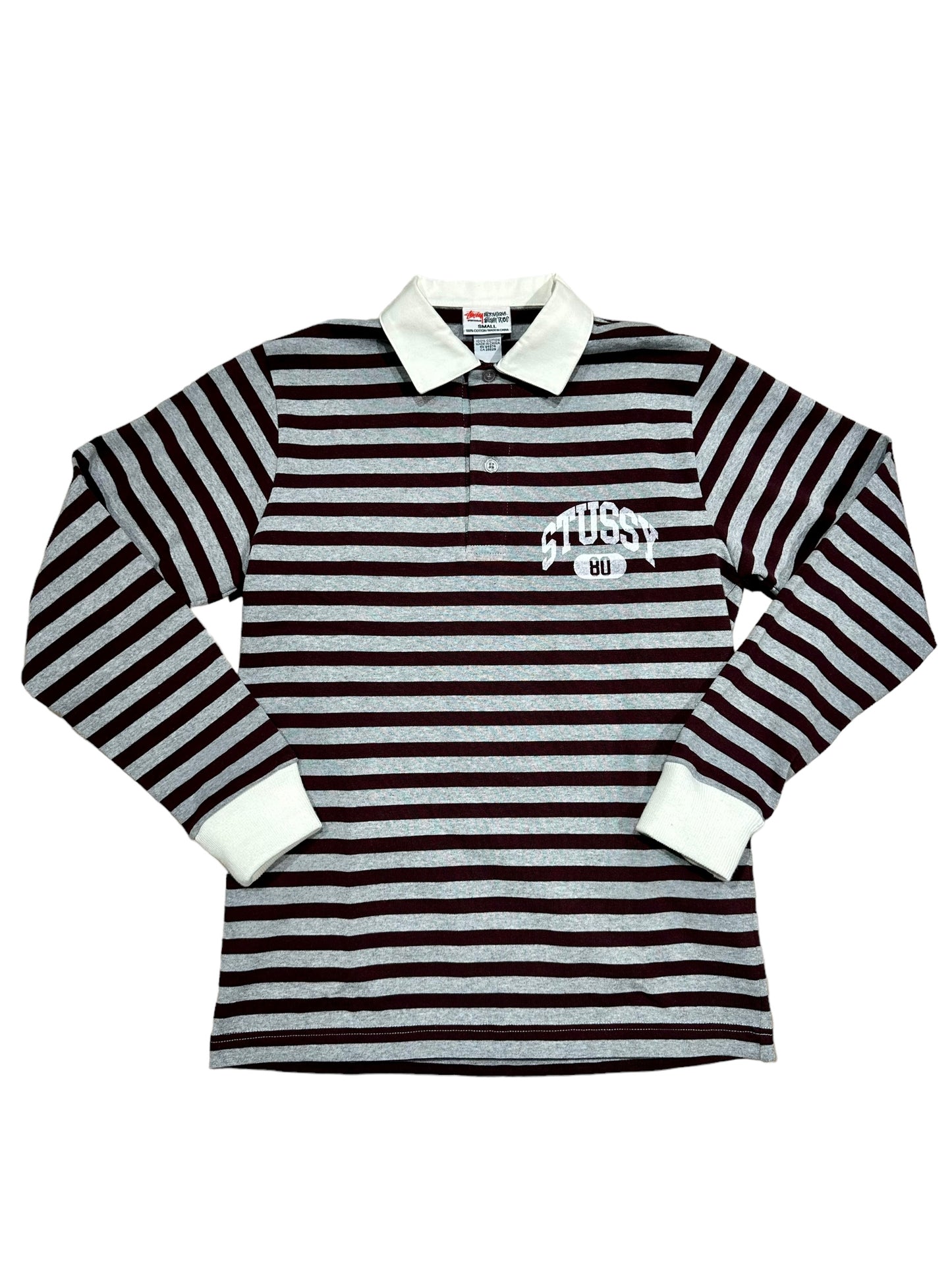 Stussy Burgundy Grey Stripe Rugby Shirt (Small)